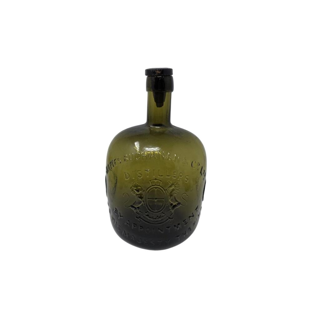 Antique James Buchanan Green Glass Whisky Bottle Stopper Embossed 7 Inch